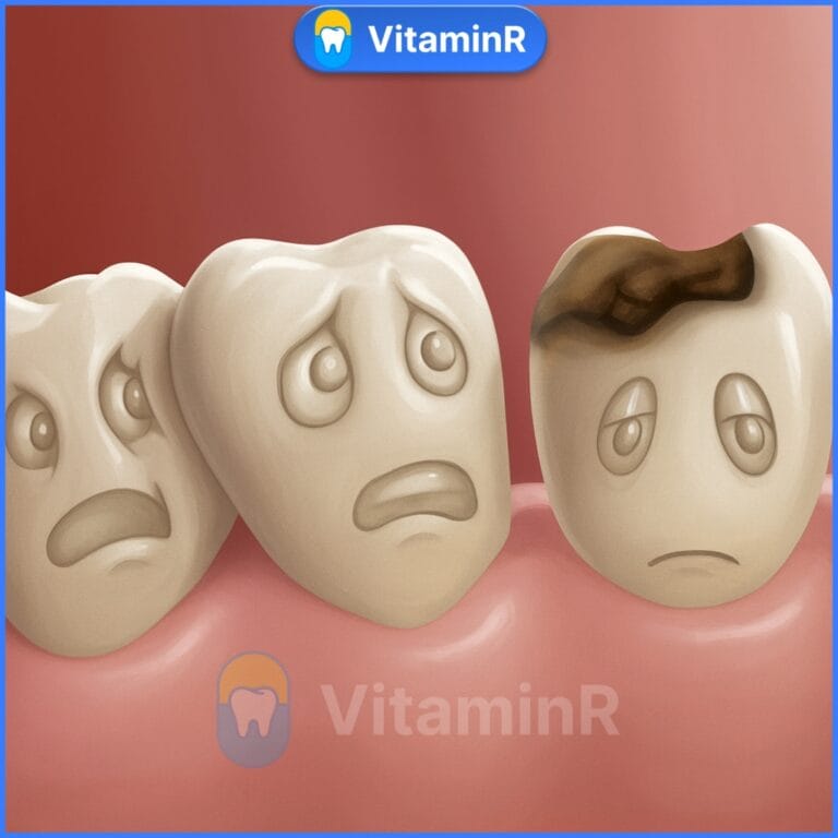 Hình minh họa chỉ định nhổ răng sâu, răng sâu buồn bã bên cạnh răng khỏe mạnh – hình ảnh thuộc thương hiệu Nha Khoa VitaminR