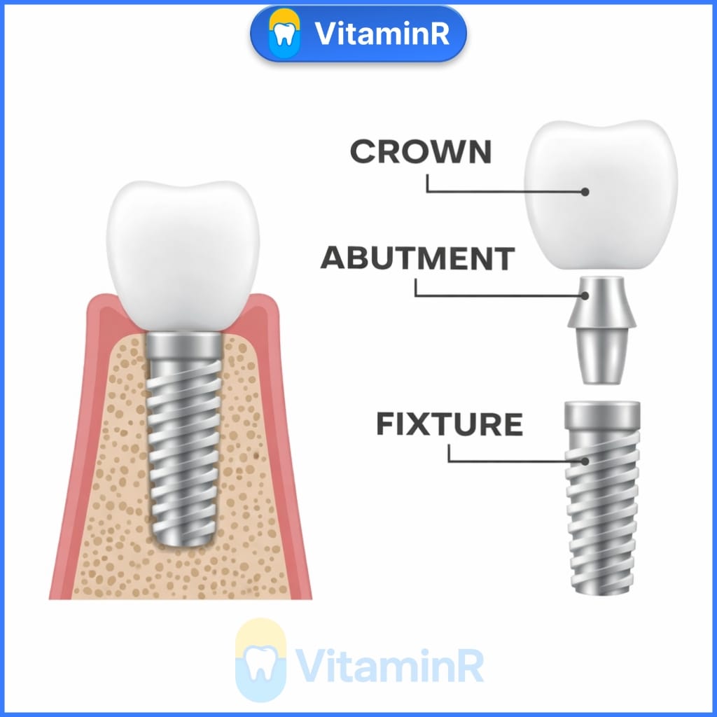 Cấu tạo trồng răng Implant gồm trụ Implant, khớp nối Abutment và mão sứ tại Nha Khoa VitaminR