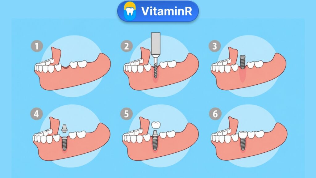 Sơ đồ sáu hình minh họa từ vị trí mất răng đến đặt trụ Implant và gắn mão răng