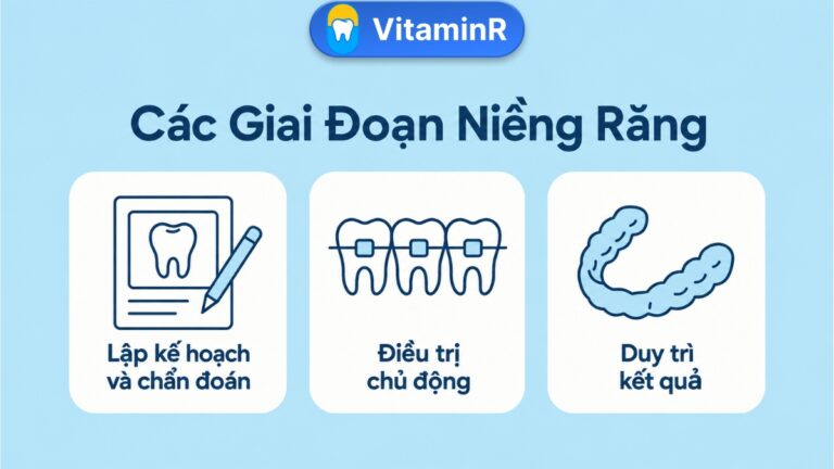 Sơ đồ các giai đoạn niềng răng gồm lập kế hoạch, điều trị chủ động và duy trì kết quả