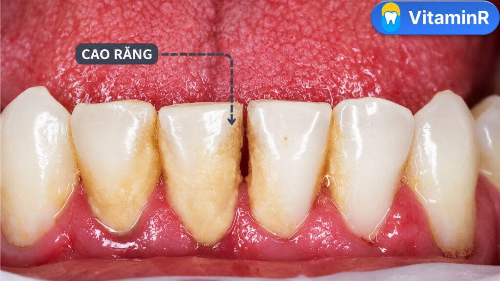 Cao răng màu vàng nâu bám sát viền lợi các răng phía trước.