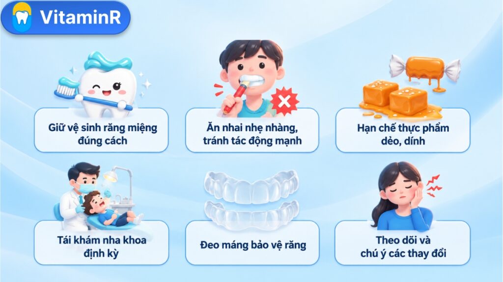 Infographic VitaminR về vệ sinh, ăn nhai, tái khám và theo dõi răng sau bọc sứ