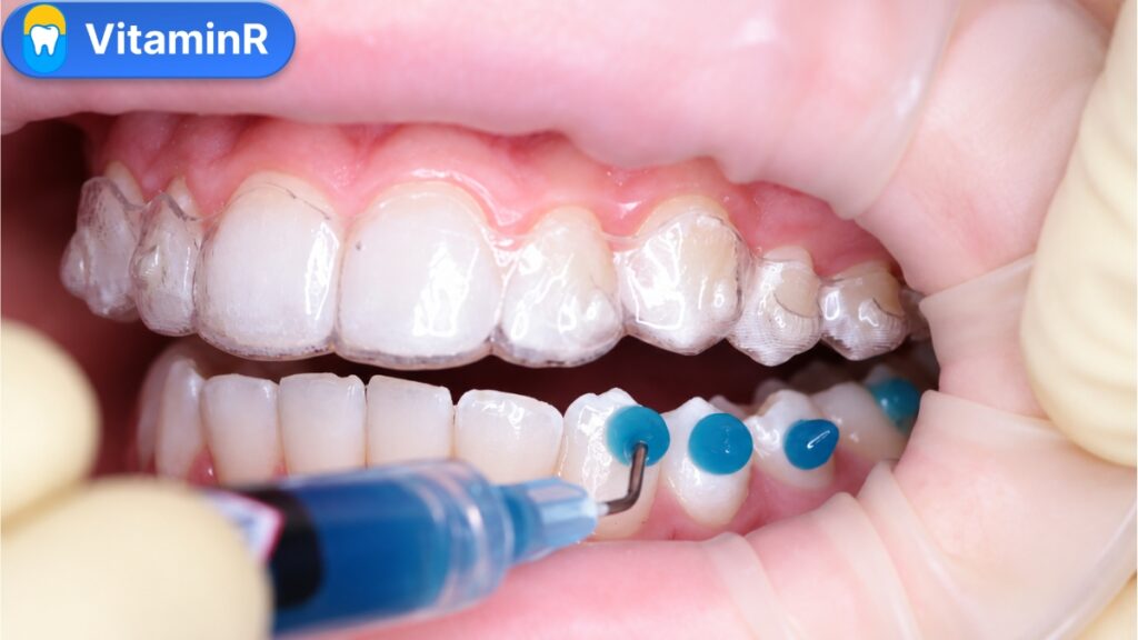 Gắn attachment khi tái khám niềng răng trong suốt tại Nha khoa VitaminR
