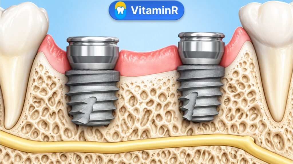 Minh họa implant ngắn nằm phía trên ống thần kinh răng dưới
