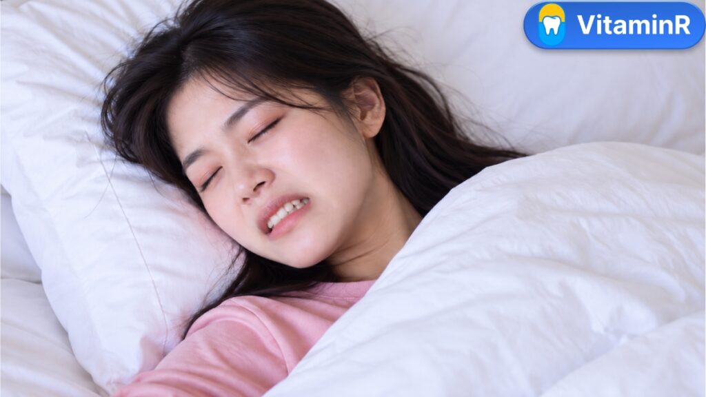 Người phụ nữ nhăn mặt khi ngủ, minh họa thói quen nghiến răng có thể gây đau răng bọc sứ