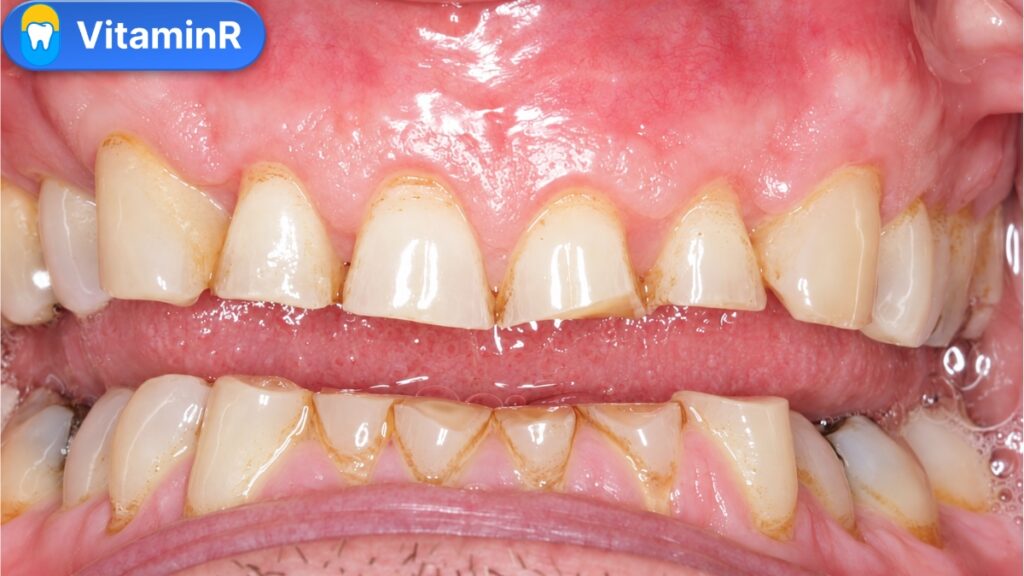Hình ảnh răng cửa bị mòn nặng, thân răng ngắn và bề mặt răng đổi màu trước phục hồi răng bị mòn