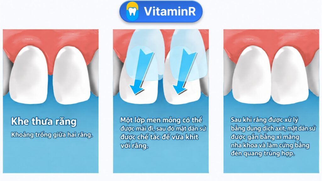 Minh họa quy trình dán sứ veneer cho răng cửa bị thưa