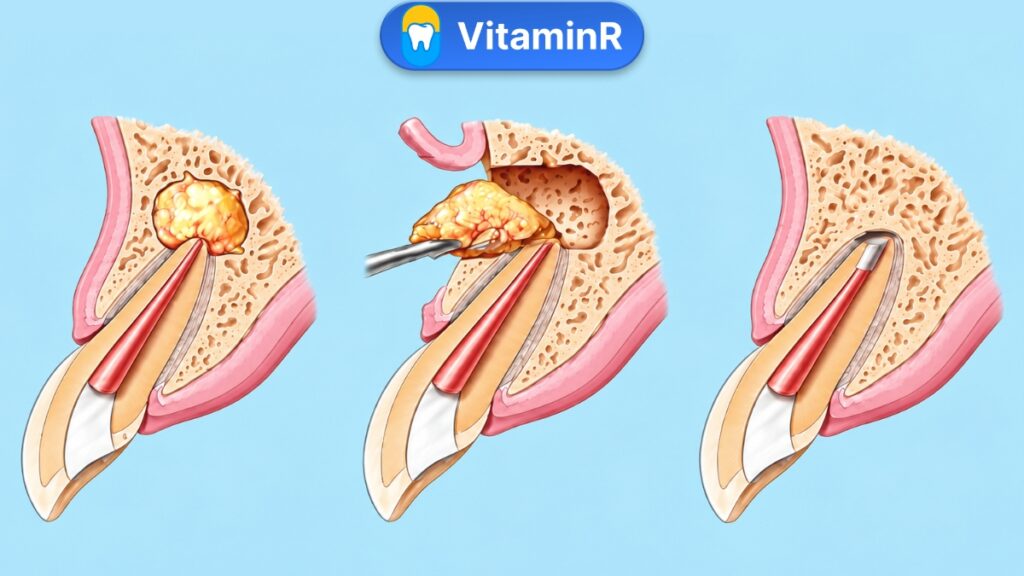 Minh họa các giai đoạn xử lý tổn thương quanh chóp chân răng
