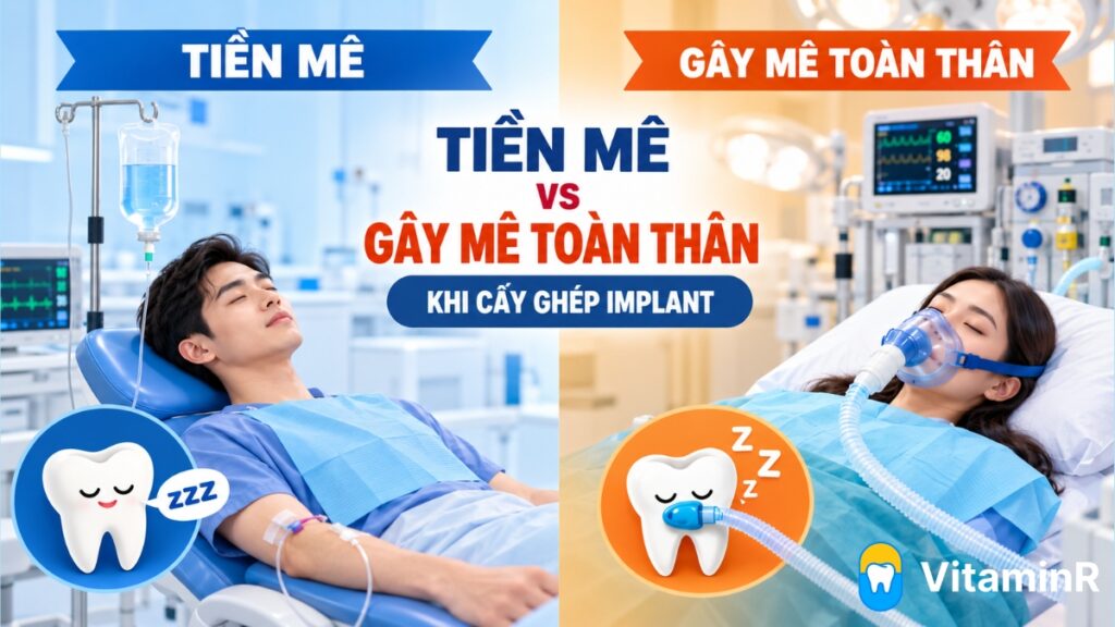 Đồ họa VitaminR so sánh tiền mê và gây mê toàn thân khi cấy ghép Implant