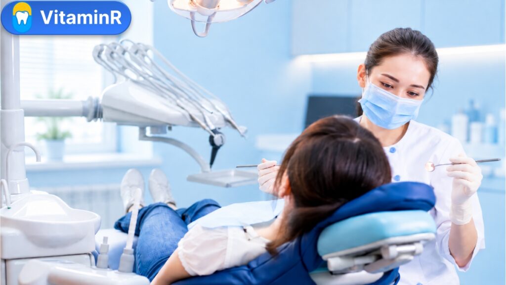 Nhân viên nha khoa đeo khẩu trang thăm khám người bệnh trên ghế nha khoa.