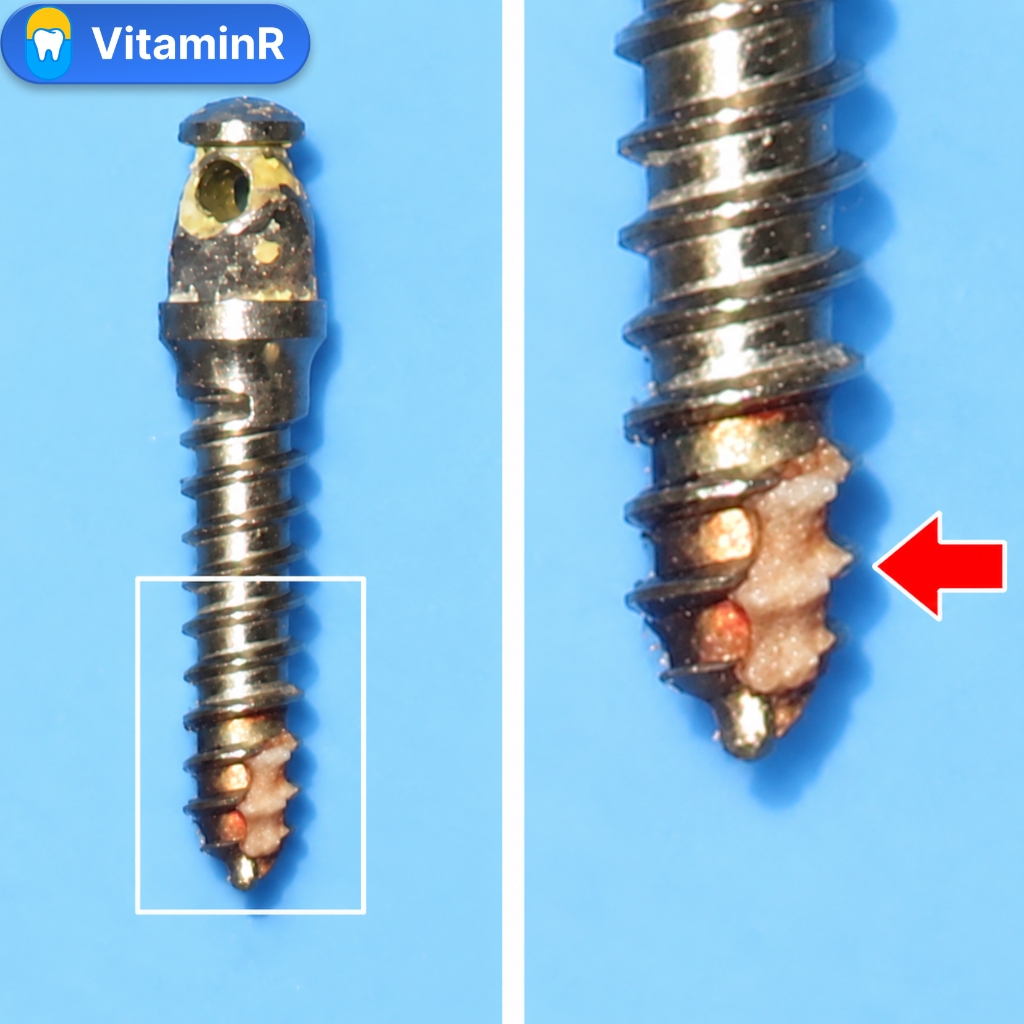 Ảnh chụp cận cảnh minivis chỉnh nha đã tháo, có chất bám ở phần ren vít.