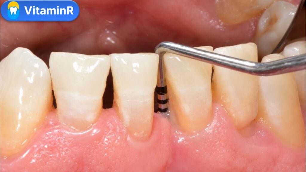 Bác sĩ dùng cây đo nha chu đánh giá mức độ tụt lợi ở răng cửa dưới, trả lời tụt lợi có nên bọc răng sứ không