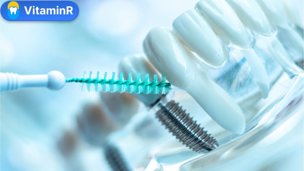 Bàn chải kẽ làm sạch cạnh mão răng Implant trên mô hình nha khoa – VitaminR.