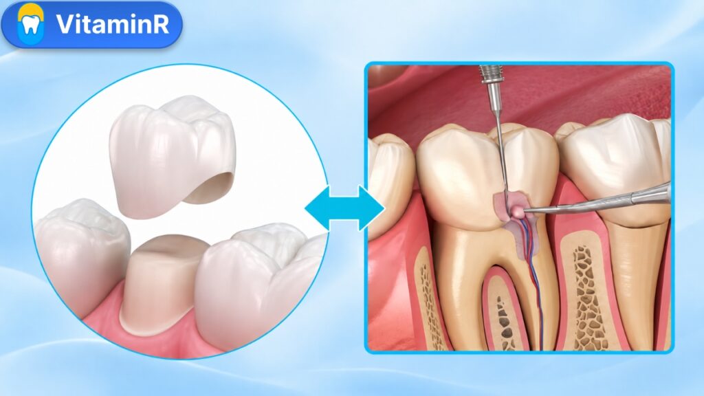 Minh họa mão răng sứ và điều trị ống tủy trong bài bọc răng sứ có cần lấy tủy không của VitaminR