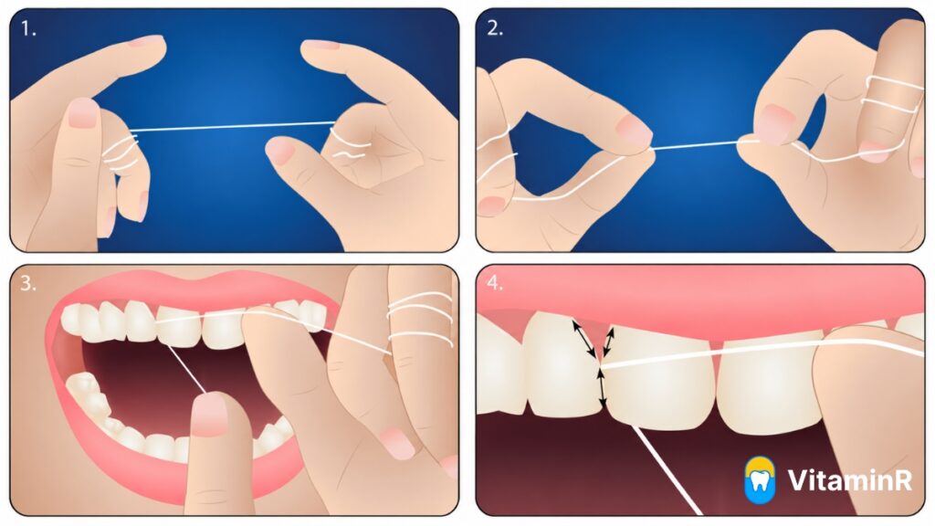 Minh họa các bước cầm chỉ nha khoa và làm sạch kẽ răng sát nướu.
