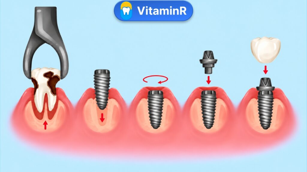 Sơ đồ nhổ răng, đặt trụ Implant, lắp khớp nối và mão răng, có logo VitaminR.