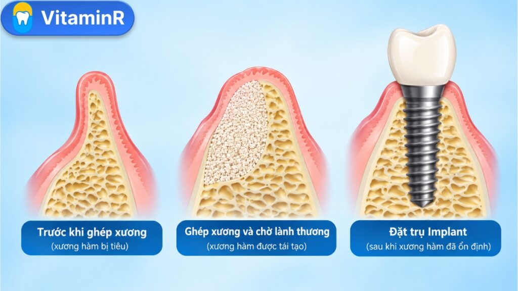 Minh họa vùng xương hàm bị tiêu, bổ sung vật liệu ghép và đặt Implant sau lành thương, có logo VitaminR.