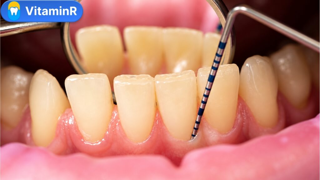 Dụng cụ đo nha chu có vạch chia được đặt sát viền nướu răng cửa hàm dưới.