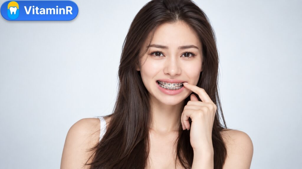 Người đeo mắc cài chạm tay vào vùng môi, minh họa bài niềng răng có đau không của Nha khoa VitaminR
