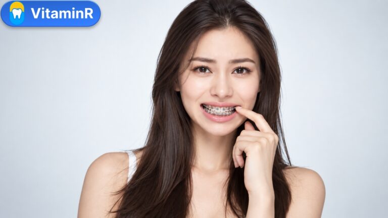 Người đeo mắc cài chạm tay vào vùng môi, minh họa bài niềng răng có đau không của Nha khoa VitaminR