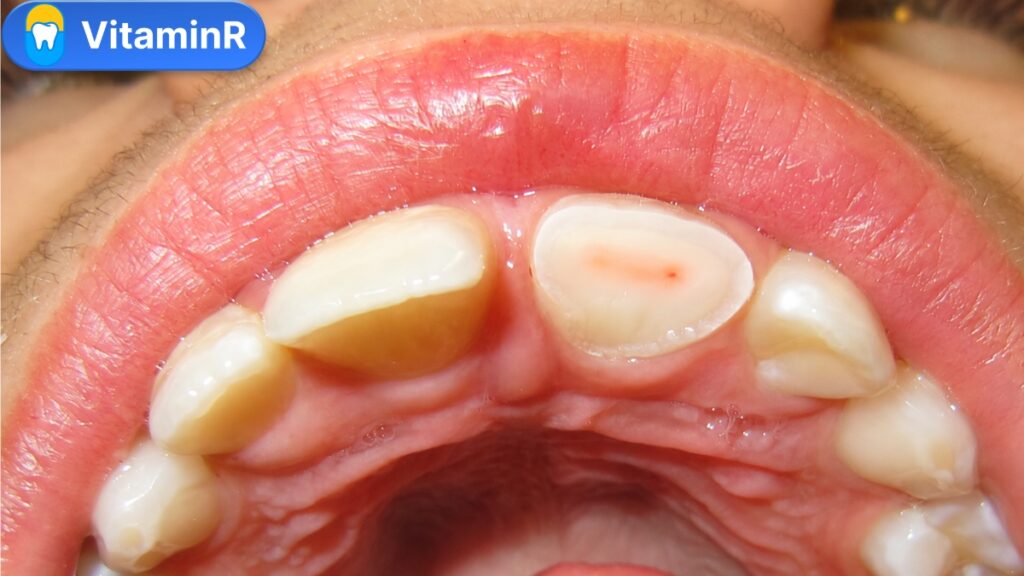 Cận cảnh răng cửa mất nhiều mô thân răng, có điểm đỏ trên bề mặt ngà, minh họa bài viết VitaminR