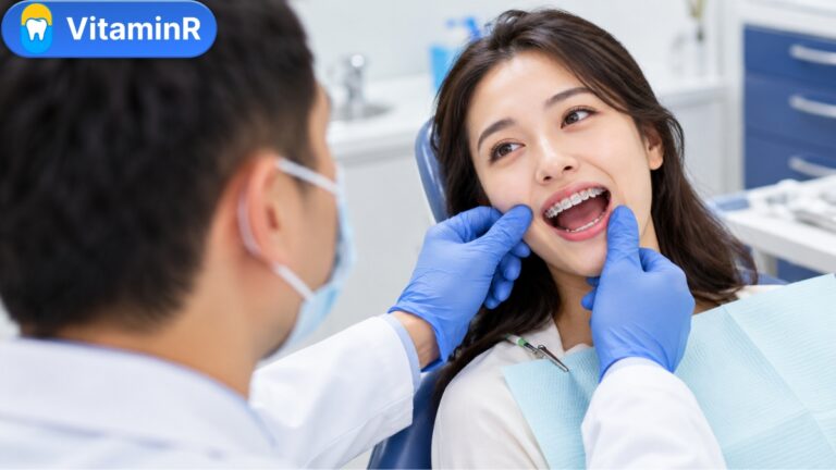 Bác sĩ kiểm tra răng đang đeo mắc cài, tư vấn niềng răng có hại không